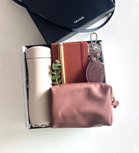 Load image into Gallery viewer, Eco-friendly corporate gift hamper by Grande Gift Hampers featuring sustainable drinkware, gadget pouch, linen notebook and gold pen.
